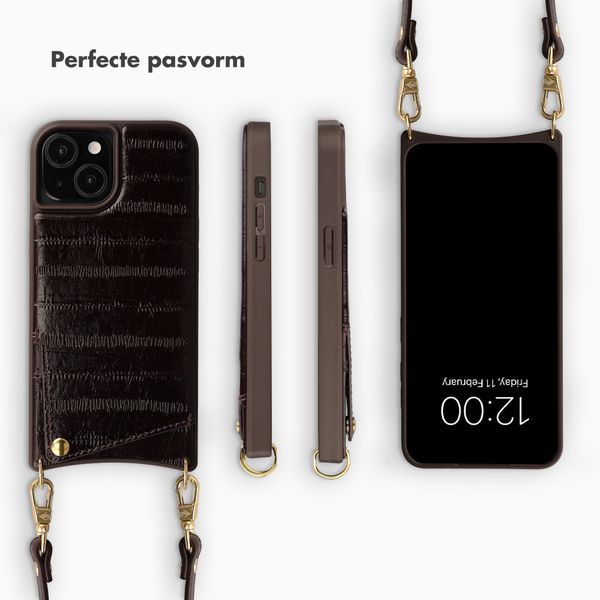 Selencia Nova Real Leather Backcover met Koord en Pashouder Apple iPhone 15 - Dark Chocolate