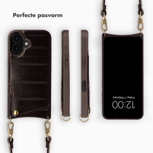 Selencia Nova Real Leather Backcover met Koord en Pashouder Apple iPhone 16 - Dark Chocolate