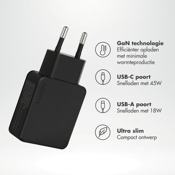 Accezz Ultra Slim GaN Oplader - USB-C + USB-A - 45W - Zwart