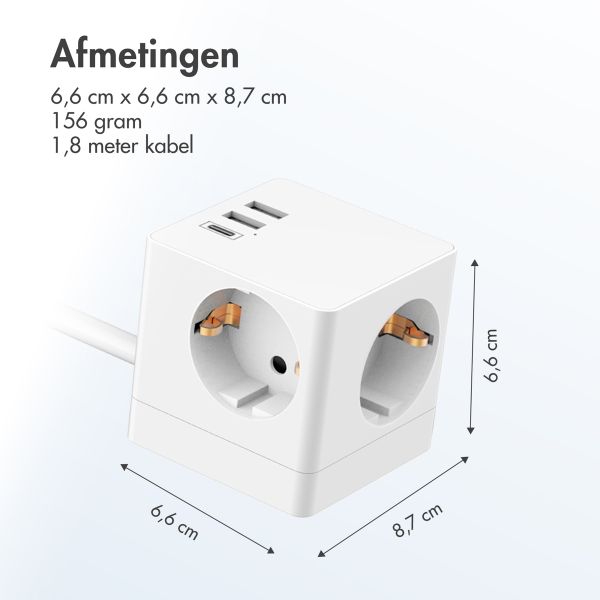 Accezz PowerCube Strip | 6-in-1 - 1x USB-C + 2x USB-A + 3x stopcontact - 4000 watt - Wit