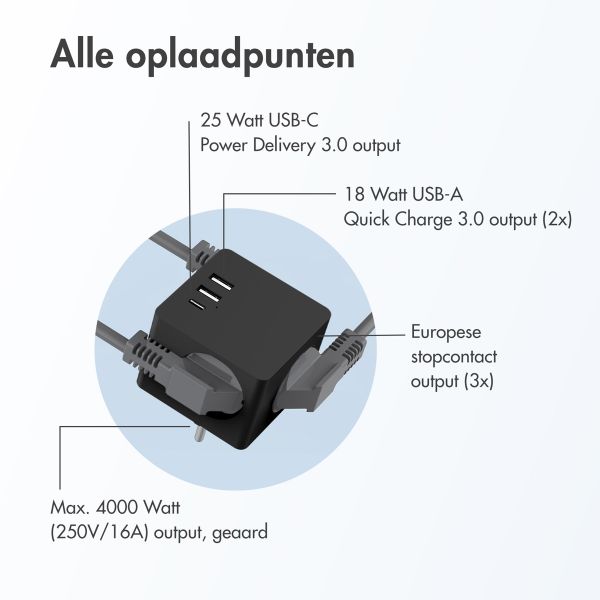 Accezz PowerCube | 6-in-1 - 1x USB-C + 2x USB-A + 3x stopcontact - 4000 watt - Zwart