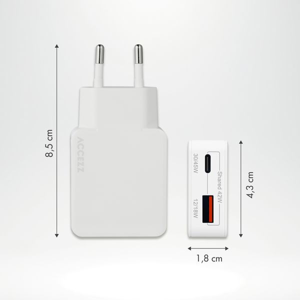 Accezz Ultra Slim GaN Oplader - USB-C + USB-A - 45W - Wit