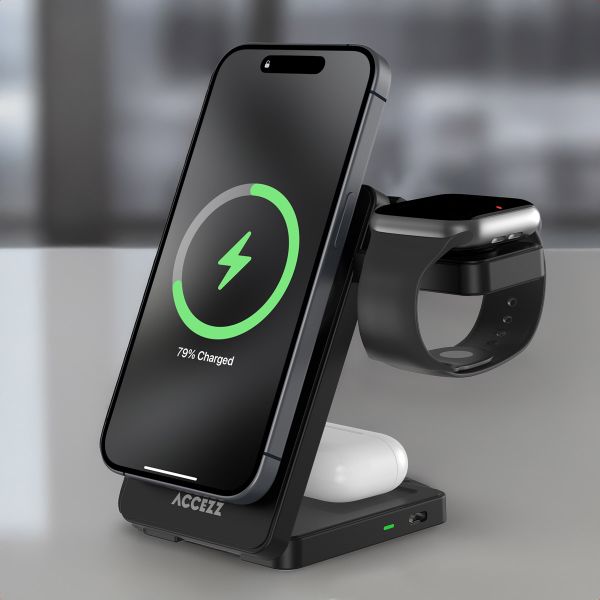 Accezz 3-in-1 Opvouwbare Draadloze MagSafe Oplader - 20W - Zwart