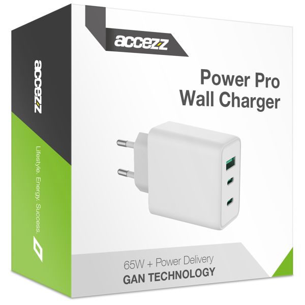 Accezz Power Pro GaN Ultra Fast Wall Charger - Oplader 2x USB-C & USB aansluiting - Snellader - Power Delivery - 65W - Wit