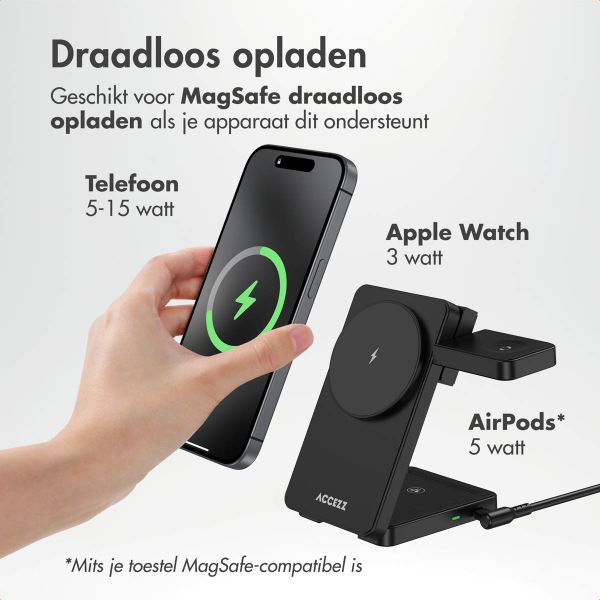 Accezz 3-in-1 Opvouwbare Draadloze MagSafe Oplader - 20W - Zwart