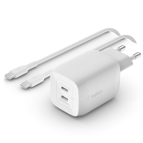 Belkin Boost↑Charge™ GaN Pro Adapter 2 poorts met USB-C kabel - USB-C - 65W - Wit