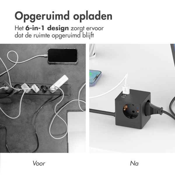 Accezz PowerCube Strip | 6-in-1 - 1x USB-C + 2x USB-A + 3x stopcontact - 4000 watt - Zwart