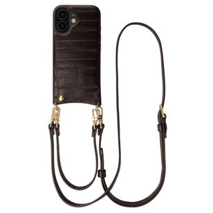 Selencia Nova Real Leather Backcover met Koord en Pashouder Apple iPhone 16 - Dark Chocolate