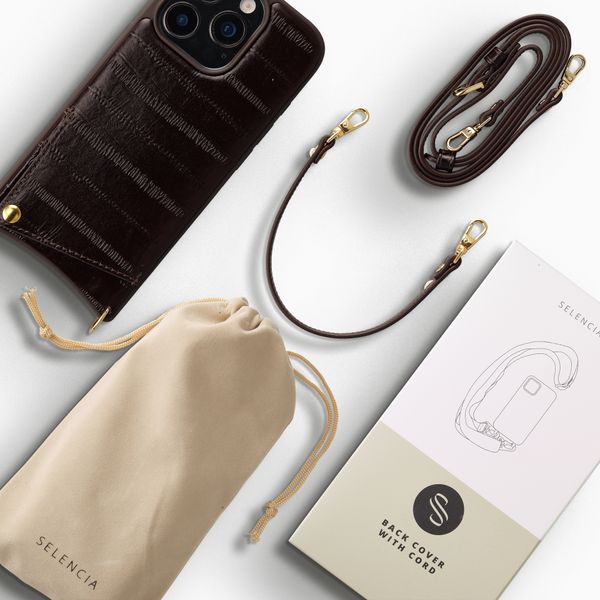 Selencia Nova Real Leather Backcover met Koord en Pashouder Apple iPhone 16 Pro - Dark Chocolate