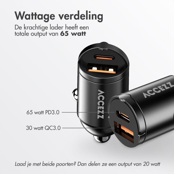 Accezz Autolader | Snellader met 2 poorten - USB-A 30 watt + USB-C 65 watt - Zwart