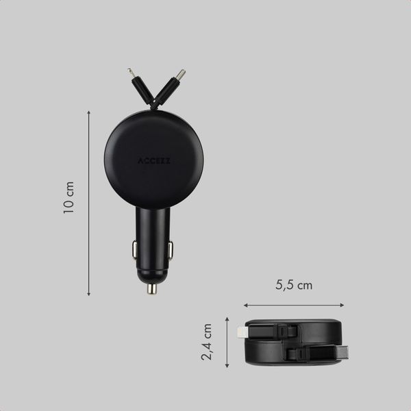 Accezz Autolader met uittrekbare kabels - USB-C / Lightning - 57W - Zwart