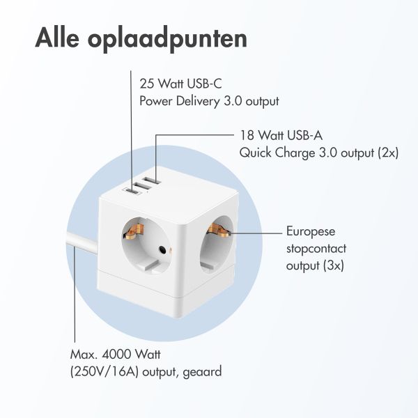 Accezz PowerCube Strip | 6-in-1 - 1x USB-C + 2x USB-A + 3x stopcontact - 4000 watt - Wit